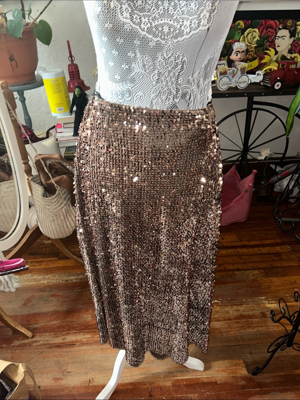 Rose Gold Sequin Midi Skirt with Subtle A-Line